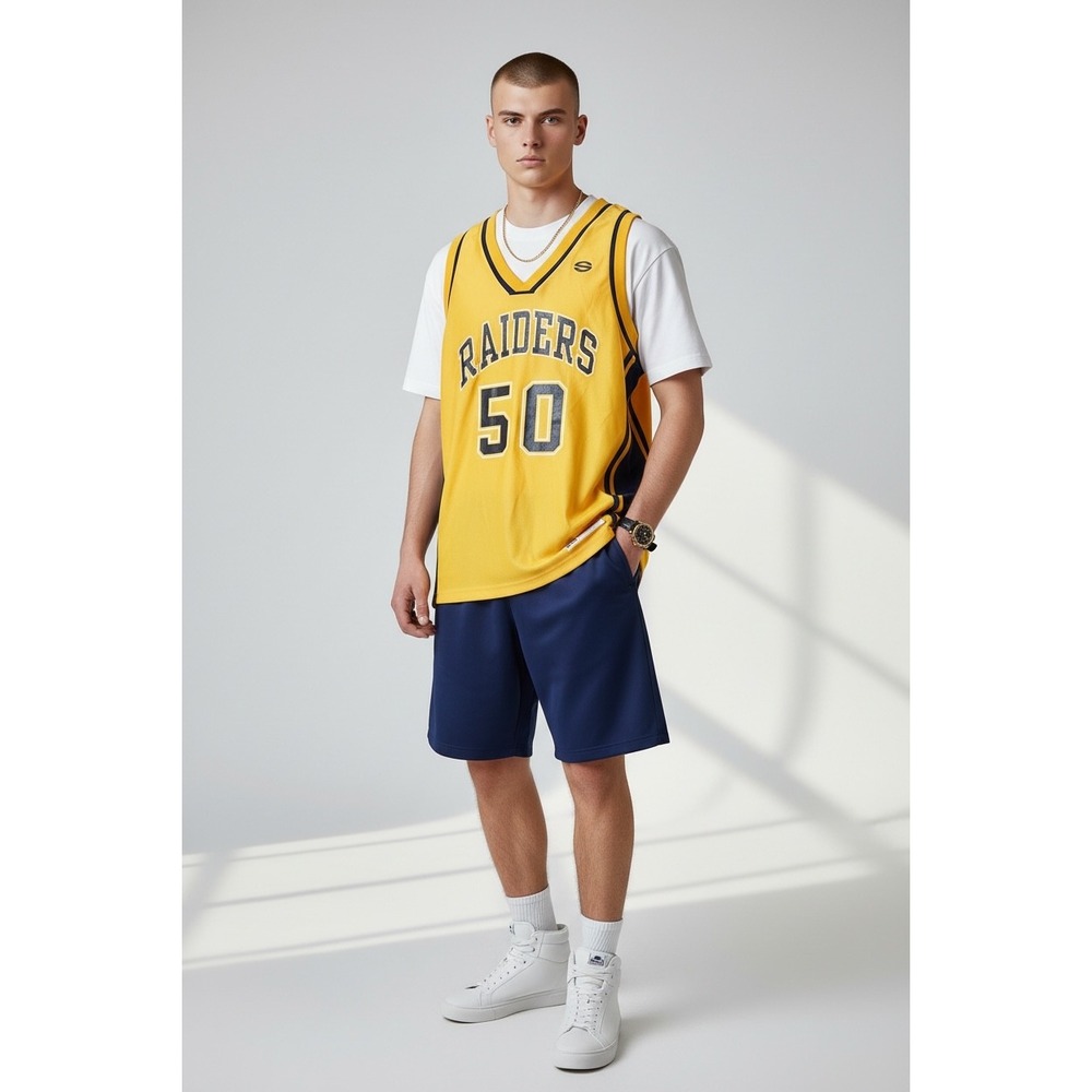Saxon Raiders 50 Basketball Jersey Size XL Yellow Navy Blue Athletic Mesh